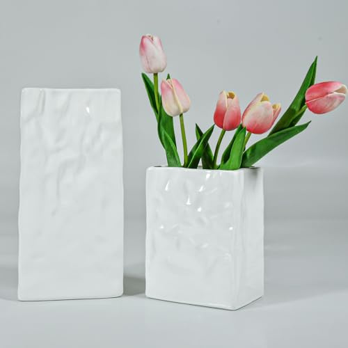 Keramikblomvaser 15 cm + 25 cm krämfärgade, benhem moderna dekorativa vaser för pampasgräs tulpaner rosor vardagsrum bokhylla bordsdekoration present till mamma mormor (16 + 25 cm, 2, st.)