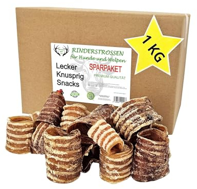 ARTISAN GIFT CO Naturliga mellanmål för hundar – 100% utsökt torkat kött, lämplig för barf-diete - Cięte tchawice wołowe dla psów - Opakowanie 1 Kg - Długość ok. 5 cm | Torkade naturliga mellanmål