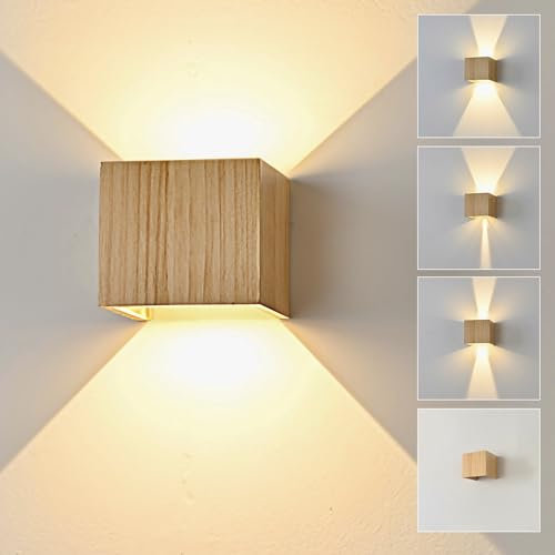 Doughelec LED Wandleuchte Innen Holz Wandlampe, Wandleuchte Holz Vintage 6W LED Wand Warmweiß 3000K Weiß Up Down Flurlampe Einstellbar Abstrahlwinkel Holzlampe für Wohnzimmer Flur Schlafzimmer, 1PCS