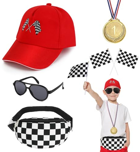 Deguisement Pilote de Course Enfant Accessoires de Costume de Pilote Casquette de Course Sac Banane Lunettes de Soleil Drapeau Damier Medaille Deguisement de Halloween Carnaval Cosplay Pour Garcon