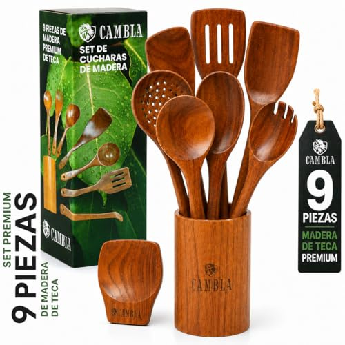 Utensilios de Cocina Madera - 9 pzas - Madera de Teca - Antiarañazos - Set de Espatulas y Cucharones de Cocina - Agarre Comodo para sartenes Antiadherentes - CAMBLA