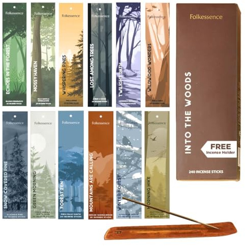 Folkulture Räucherstäbchen mit Halter | 12er-Set (240 Incense Sticks) fur Aromatherapie und Meditation Geschenkset | Bio, ungiftig, 45 Minuten Brenndauer | Palo Santo, Sandelholz Räucherstäbchen