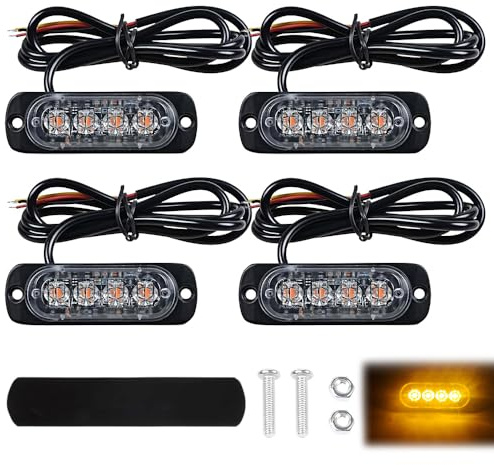 4PCS Strobe Flashing Light Amber, Beacon Lights, 4 LED Emergency Light Bar, 12V-24V LED Beacons 18 Flashing Modes Warning Marker Light for Vehivle Car Truck, Grill Beacon Lights, Waterproof Universal