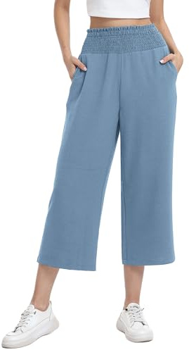 WUWUSKY Elastic High Waisted Palazzo Trousers 3/4 Length Wide Leg Lounge Capri Pants with Pockets S-2XL