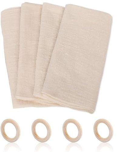 Linen Napkins, Napkins Cotton with Wooden Rings, Reusable Table Napkins Cloth Set 42x42cm, Beige Cotton Linen Cloth Napkin for Dining Table, Wedding, Party and Home Use, Beige