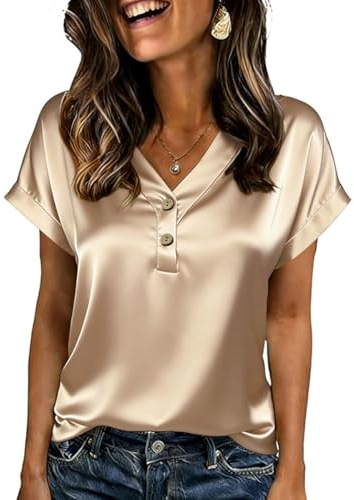 ABINGOO Camicia Donna Elegante Maniche Corte Raso Blusa Scollo a V Camicetta con Bottoni Maglietta Tinta Unita Casual Top(Champagne,L)
