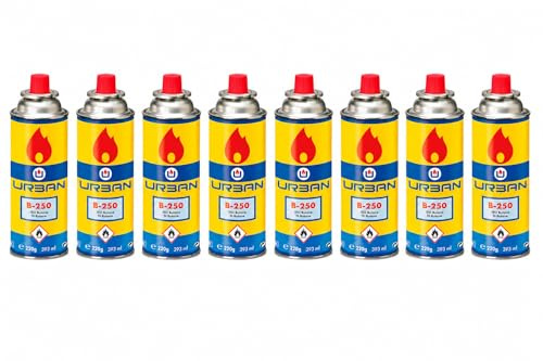 Kimbatex Textil Hogar Tienda Urban Cartucho de Gas B-250, ISO Butano/N-Butano, 227 g, 393 ml, con Válvula, para Hornillos Portátiles y Camping (8 Unidades)