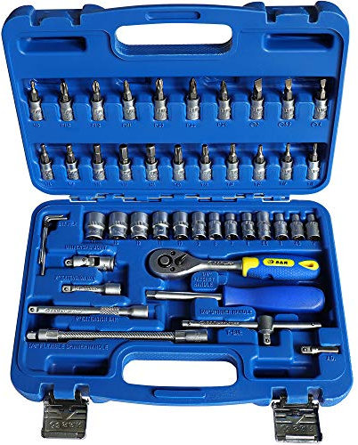 S&R Juego de llaves Allen Hexagonales, llaves de Vasos tuercas y destornilladores 1/4. Caja Maletín herramientas profesionales con 46 pzas.