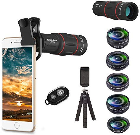 Apexel Phone Camera Lens Kit 18X Telephoto/Wide Angle&Macro Lens/Fisheye/Kaleidoscope Lens/Star Filter with Remote Shutter Tripod for iPhone Samsung and Most Smartphone