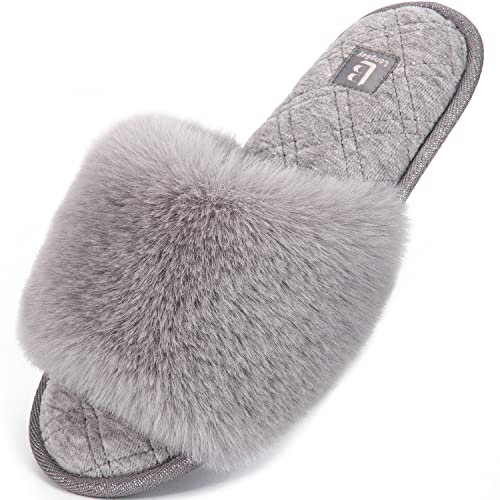 LongBay Ladies' Fluffy Faux Fur Slippers Open Toe Memory Foam House Shoes for Women Indoor Outdoor Slides Grey,5-6