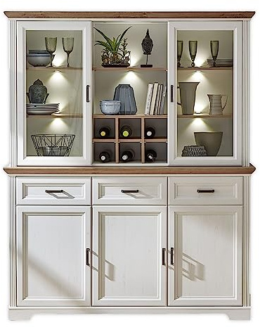 Stella Trading Buffetschrank in Pinie hell, Artisan Eiche Optik - Vitrinenschrank mit LED-Beleuchtung und viel Stauraum im Landhausstil - 166 x 205 x 48 cm (B/H/T) | 166 x 205 x 48 cm (B/H/T), Vitrinenschrank im Landhausstil, 6 offene Fächer, Glastüren, mit viel Stauraum