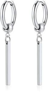 PROSTEEL Boucle d'Oreille Homme Acier Inoxydable Créole 12mm avec Pendante Barre Hip Hop Style