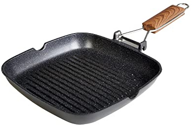 WECOOK! Ecochef Titane Poêle à Griller Induction Ondulé, 20 x 20 cm, Antiadhésive QUANTANIUM Écologique sans PFOA, Fonte d'Aluminium, Épaisseur 5 mm, Poignée en Bois Pliable, Vitrocéramique, Gaz