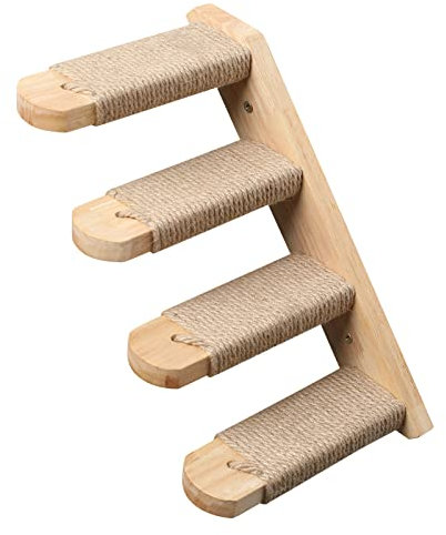 Fukumaru Kletterwand für Katzen, Katzentreppe Wand, Wandliege aus Massives Gummiholz, mit Juteseil für kratzen von Rechts nach Links, für Katzen bis 15 kg