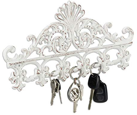 Relaxdays Garderobenleiste Gusseisen, 5 Haken, antike Hakenleiste, für Schlüssel, Shabby, 17 x 35 x 3,5 cm, weiß/braun