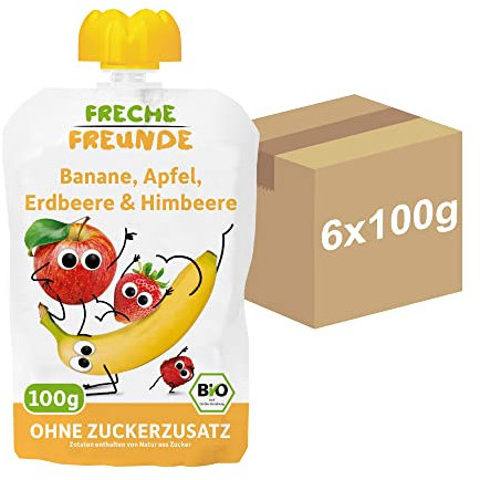 FRECHE FREUNDE Bio Quetschie Banane, Apfel, Erdbeere & Himbeere, Fruchtmus mit Obst im Quetschbeutel für Babys ab dem 6. Monat, vegan, 6er Pack (6 x 100g)