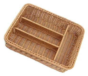 Kichvoe Knife and Fork Basket with 4 Deep Compartments Imitation Rattan Woven Pp Organizer for Kitchen Bathroom Cutlery Storage Anti-Slip Non-Mildew Tray 14X10X3In