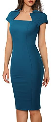 HOMEYEE Robe Crayon Chic et Elegant Manches Capes Vintage Moulante Business Cocktail Longueur Genou pour Femmes B737 (M, Bleu)