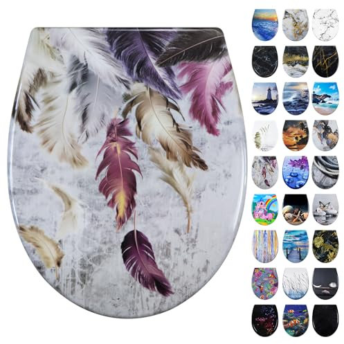 Fanmitrk WC Sitz mit Absenkautomatik, Toilettendeckel Duroplast, Klodeckel mit Schnellverschluss, Montage von oben, Toilettensitz mit Motiv (Feder)