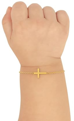 MIONZA 14K Solid Gold Baby Cross Bracelet – Sideways Adjustable in Hollow or Solid – Religious Gift for Baptism, Infant, Teen, Boys & Girls (Standard Cross Bracelet)