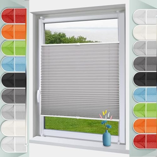 Fenster Plissee Klemmfix Jalousie 95 x 180 cm Blickdicht Easyfix Sonnenschutz Verdunklungsplissee mit Klemmträger, Blickdichtes Falt-Rollo, für Fenster, Hellgrau