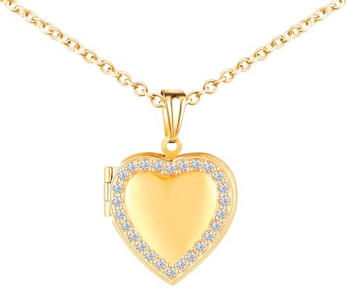 MICMIF Halskette Bild Herz Medaillon mit Zirkonia, Elegant Medaille Amulett Halskette für Foto Personalisiert, Edelstahl Bilder Medaillon Herz Anhänger mit Kette 50cm Schmuck für Damen Mädchen