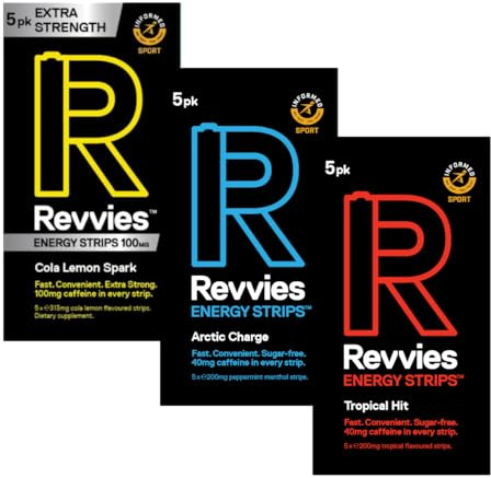 Revvies Energy Strips | Instant Boost | Adecuado para atletas profesionales | 15 tiras | 40 mg de cafeína | Fácil para el estómago | Ideal para ejercicio | Vegano | Sin azúcar | 3 x 5 unidades