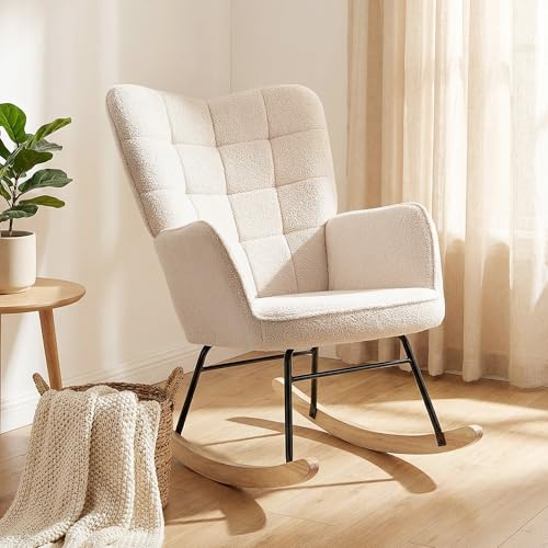 HOMCOM Fauteuil à Bascule, Rocking Chair, revêtement Bouclette, Chaise à Bascule, Structure en Acier, Pieds en Bois Massif, Beige