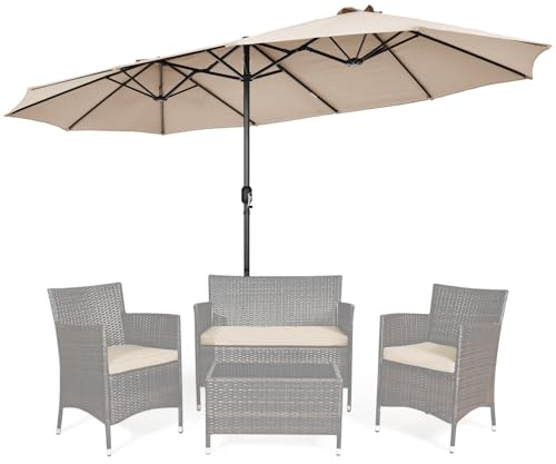 KOMFOTTEU Ombrellone doppio 470 x 280 cm, grande con manovella e 12 costole, da giardino, per balcone, mercato, senza portaombrelli per piscina e cortile, beige., Grandes