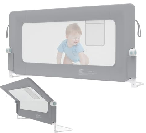 FIVMEN Bettgitter 150cm Rausfallschutz Bett Höhenverstellbar Kinder Bettschutzgitter Zusammenklappbar um 180 Grad Babybettgitter Kinderbettschutzgitter für Kinderbett Elternbetten, Grau