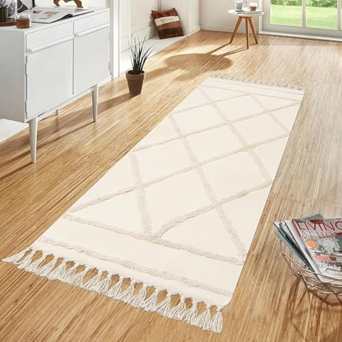 INKAROBOX Teppich Läufer Flur, Boho Beige Getuftet Baumwollteppich mit Gewebt Quasten, Waschbarer Teppich für Badezimmer Küche Wohnzimmer Schlafzimmer Flur Esszimmer (Beige, 60 x 130 cm)