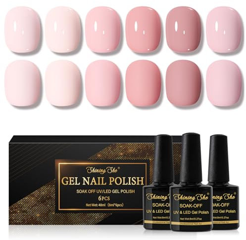 Shining She Esmaltes Semipermanentes de Uñas en Gel UV LED, 6 Colores Primavera Verano Rosa Nude Rosa Tierno Natural Pintauñas Semipermanentes para Novato Salón de Uñas Creativas,8ML