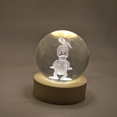 Lampada 3D LED Paperino – Sfera in Cristallo con Base in Legno Luminosa, Luce Notturna Decorativa per Cameretta e Regalo Originale (PAPERINO)
