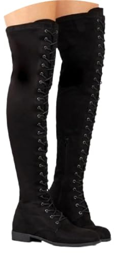Edelaura Bottes à Lacets Élégantes pour Femme Unies Jusqu'au Genou à Talon Bas Longues Stretch Style Gothique Punk Bottes D'hiver Chaudes pour les Loisirs