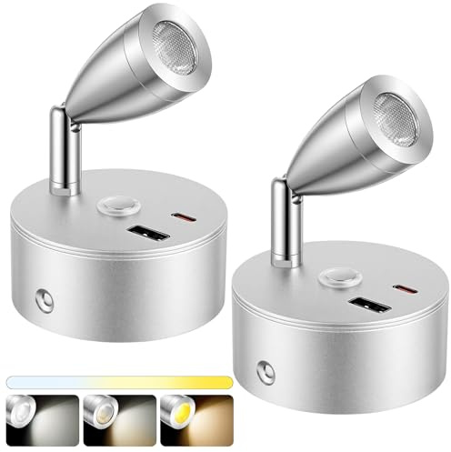 AOOTE LED-campingbilslampor, 2 st 12 V LED-husvagn med 3 färgtemperaturer, 12 V lä, lä, touch-dimmer, campingbilslampor med USB- och typ-C-laddare (silver)