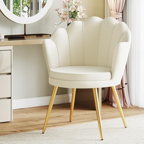 Ckaff Chaise Coiffeuse, Fauteuil Coquillage en Teddy Boucé, Fauteuils Salon Fauteuil Coiffeuse Confortable, Chaises Salle à Manger Chaise Rembourrée avec Pied Métal pour Chambre Salon, Blanc