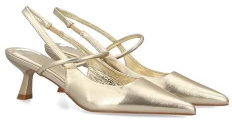 shoes&blues.es 98424 Zapato para Mujer de Salon con Tacon bajo, Punta Fina y Tira Cruzada. Estampado Liso, Ideal para Looks de Oficina o Eventos Especiales. Oro Talla 39