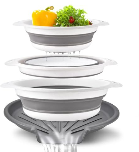 Coladores plegables (juego de 3) coladores de alimentos con base de drenaje de agua sobre el fregadero para frutas y verduras de pasta (pendiente de patente), color blanco (3 tamaños, 3 cuartos de