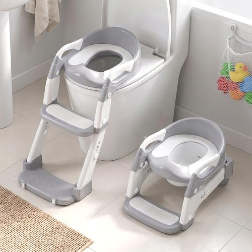 Potty Training Toilet Seat Toddler,Upgrade 3 in 1 Toddler Toilet seat and Step,Anti-Slip and Splash-Proof Toilet Seat with Ladder for Boys Girls,Adjustable Child Toilet Training in Bathroom Gray