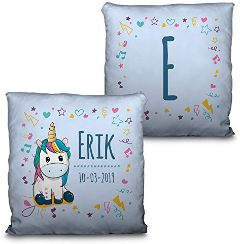 LolaPix Cojín Decorativo Infantil. Regalo bebé. Regalo Personalizado con Nombre. Fecha/Inicial. Cojín con Relleno Incluido. Varios diseños. Bebé Unicornio Azul