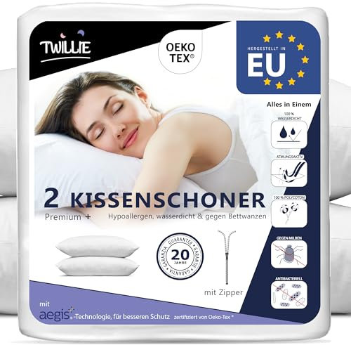 Twillie Kissenbezug Wasserdichter 50x70 cm (Set mit 2 Stück) - Aegis® - Öko-TEX® zert. – Kissenschoner mit Reißverschluss – Kissenschutzbezug Atmungsaktiv, Hypoallergen, Anti-Milben, Antibakteriell
