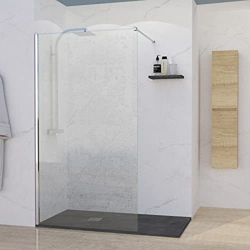BAIKAL Mampara de Ducha. Panel Fijo de 90cm. Perfil Cromado Brillo. Cristal Transparente Templado 8mm de espesor. Tratamiento Antical. Alto 195 cm. Brazo adaptable 60-100cm.