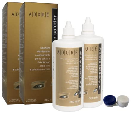 ADORE - Soluzione Unica per Lenti a Contatto 2x360ml - Made in Italy - Liquido per Lenti a Contatto con Portalenti Inclusi - Soluzione Salina per Lenti a Contatto di Tutti i Tipi