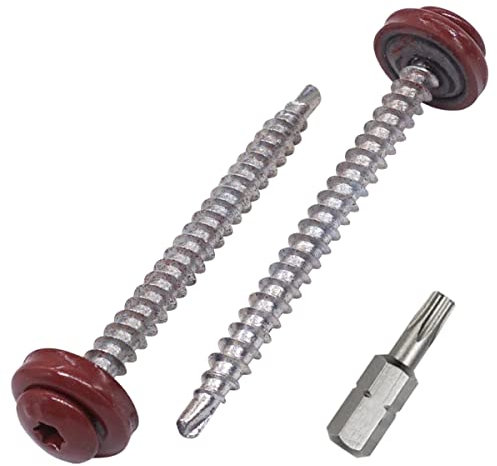 SKIR'CO (100 st) Takskruvar i metall, 4,8 x 60 mm målade självborrande skruvar med EPDM-brickor, torxhuvud (Oxid röd RAL 3009)