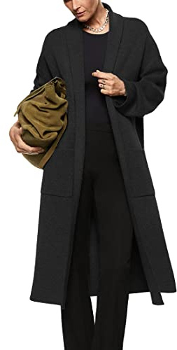 Womens Long Sleeve Maxi Cardigan Open Front Oversized Knitted Sweater Coat Casual Lapel Warm Overcoat with Pockets Black