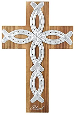 Väggkors retro katolskt trä hängande kors dopkors med unikt metallkors andligt religiöst kors med krok 30,48 cm välsignad bokstavsdesign jul krucifix present till kyrkan hem väggdekor