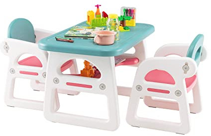 GOPLUS Kindertisch mit 2 Stühlen, Multifunktionale Kindersitzgruppe aus HDPE mit Ablage & Runden Ecken, Kindermöbel für Wohnzimmer Kinderzimmer Kindergarten, für 1-5 Jahre (Blau)