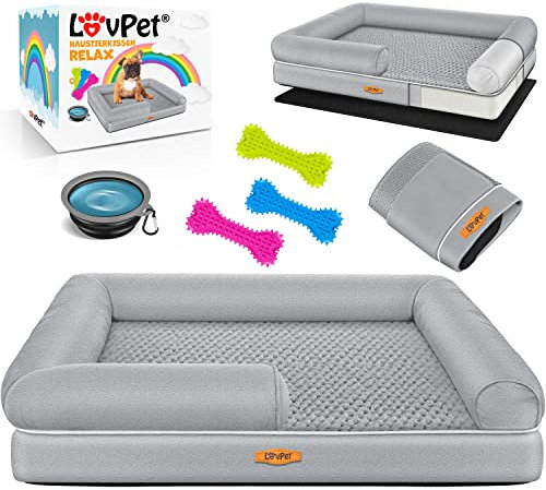 Lovpet® Orthopädisches Hundebett Hundekissen Hundekorb Relax, Inkl. Napf + 3X Kauknochen, Hundesofa für Kleine, Mittelgroße & Große Hunde, Bezug abnehmbar und waschbar, 106x80x22cm Grau