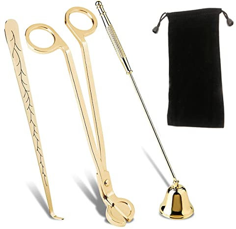 QeeHeng 3PCS Edelstahl Kerze Abdeckung Werkzeuge, Kerze Snuffer, Wick Trimmer und Wick Dipper, Kerze Pflege Werkzeuge Set (Gold)