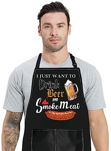 WZMPA Funny Grilling Apron With Pockets BBQ Lover Gifts I Just Want To Drink Beer And Smoke Meat Apron For Men Women, Drink Beer Smoke Meat, Medium